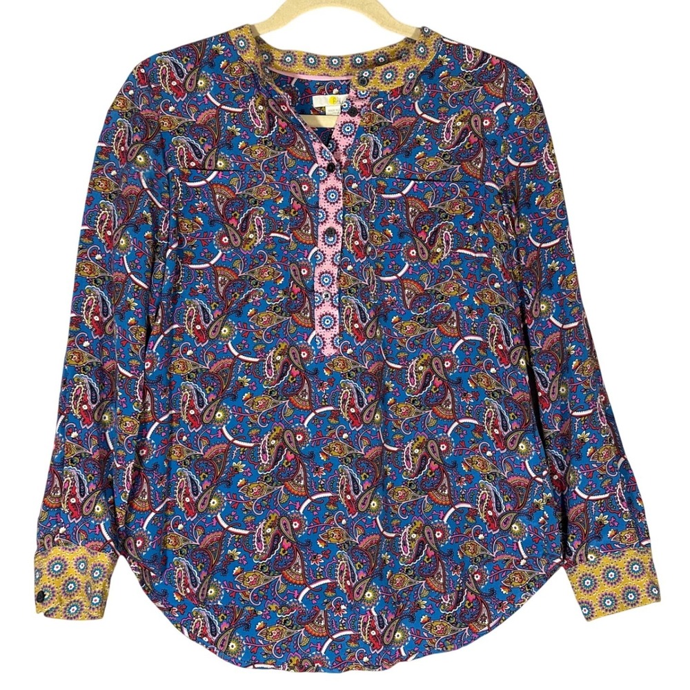 Boden 100% Silk Paisley Popover Blouse Sz 4P Mix Media Boho Artsy Luxury‎ Chic